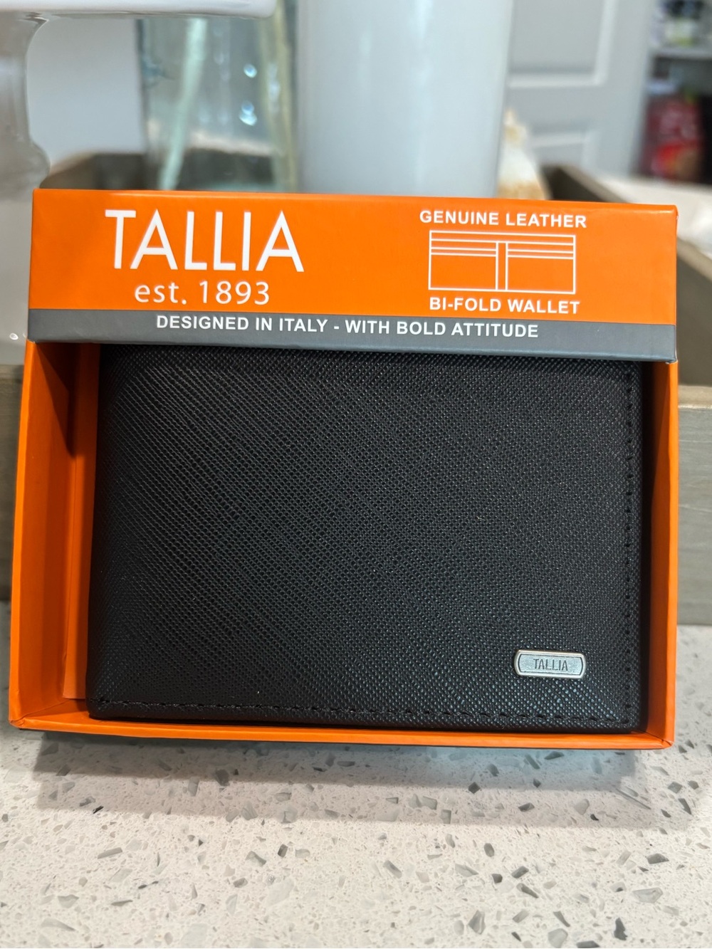 TALLIA Black Textured Leather Wallet with Silver Logo